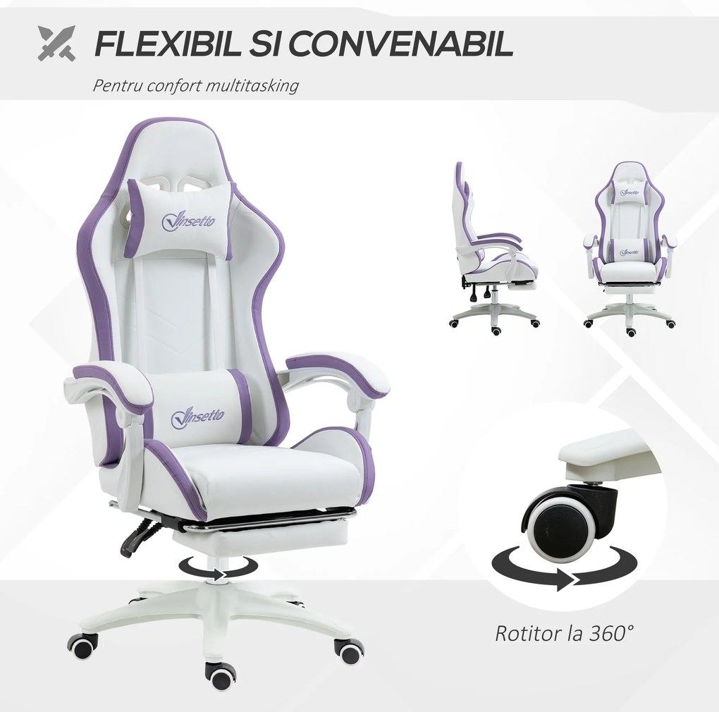 Vinsetto Scaun Gaming Reglabil pe Înălțime cu Tetieră, Alb și Mov | Aosom Romania