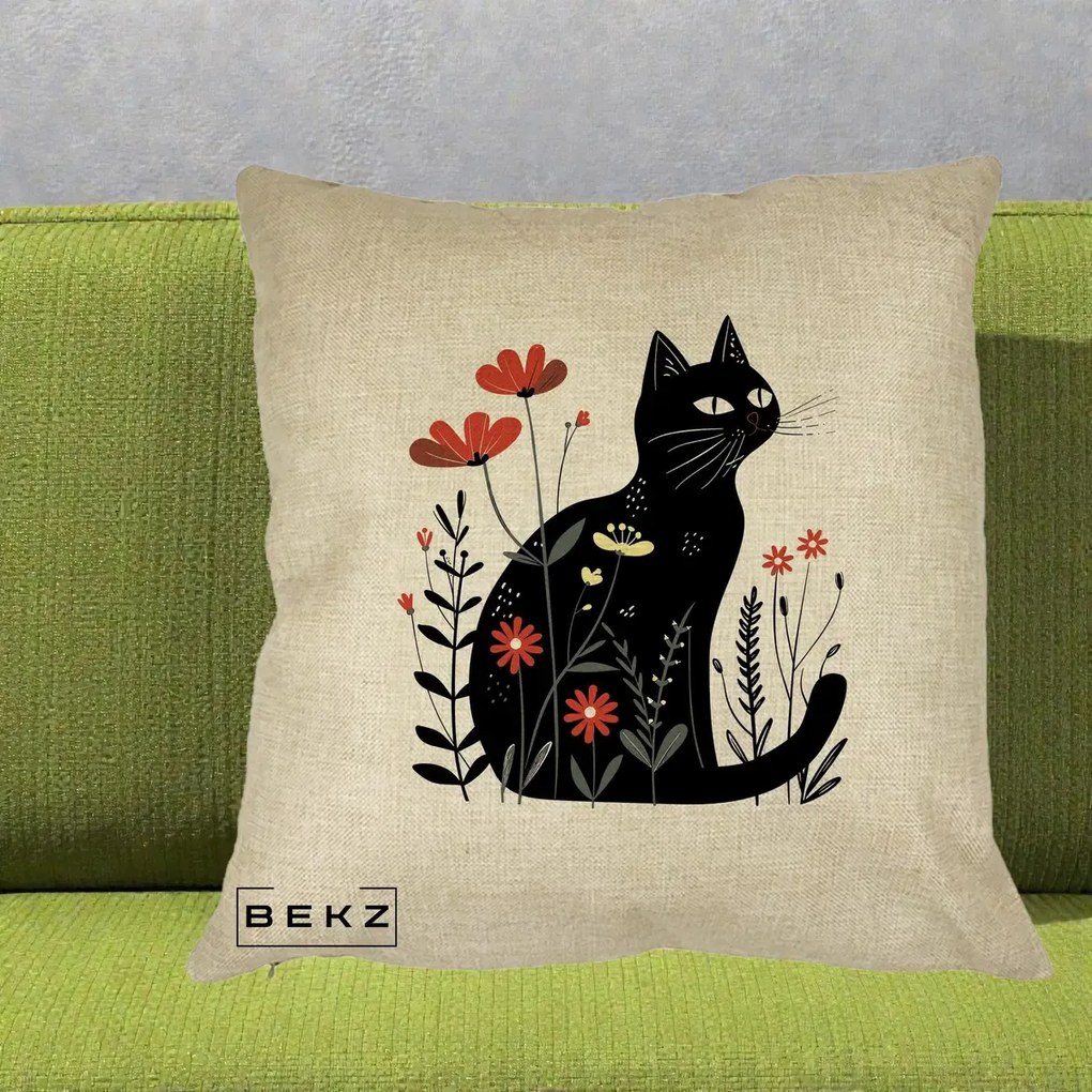 Perna Decorativa Pisica Neagra Flori Rosii Folk, 40x40 cm, Crem, Husa Detasabila, Perna Inclusa, BEKZ®