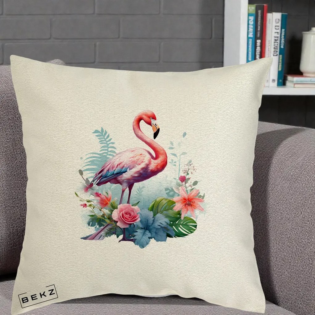 Perna Decorativa Flamingo cu Flori Tropicale Acuarela, 40x40 cm, Ecru, Husa Detasabila, Perna Inclusa, BEKZ®