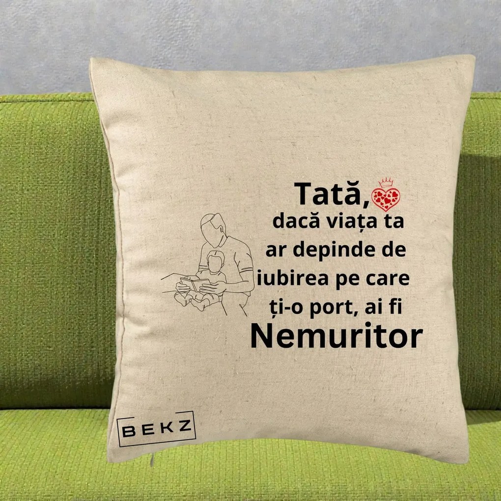 Cadou pentru Tata - Perna Personalizata Tata Nemuritor Lectura, 40x40 cm, Bej, Husa Detasabila, Perna Inclusa, BEKZ®