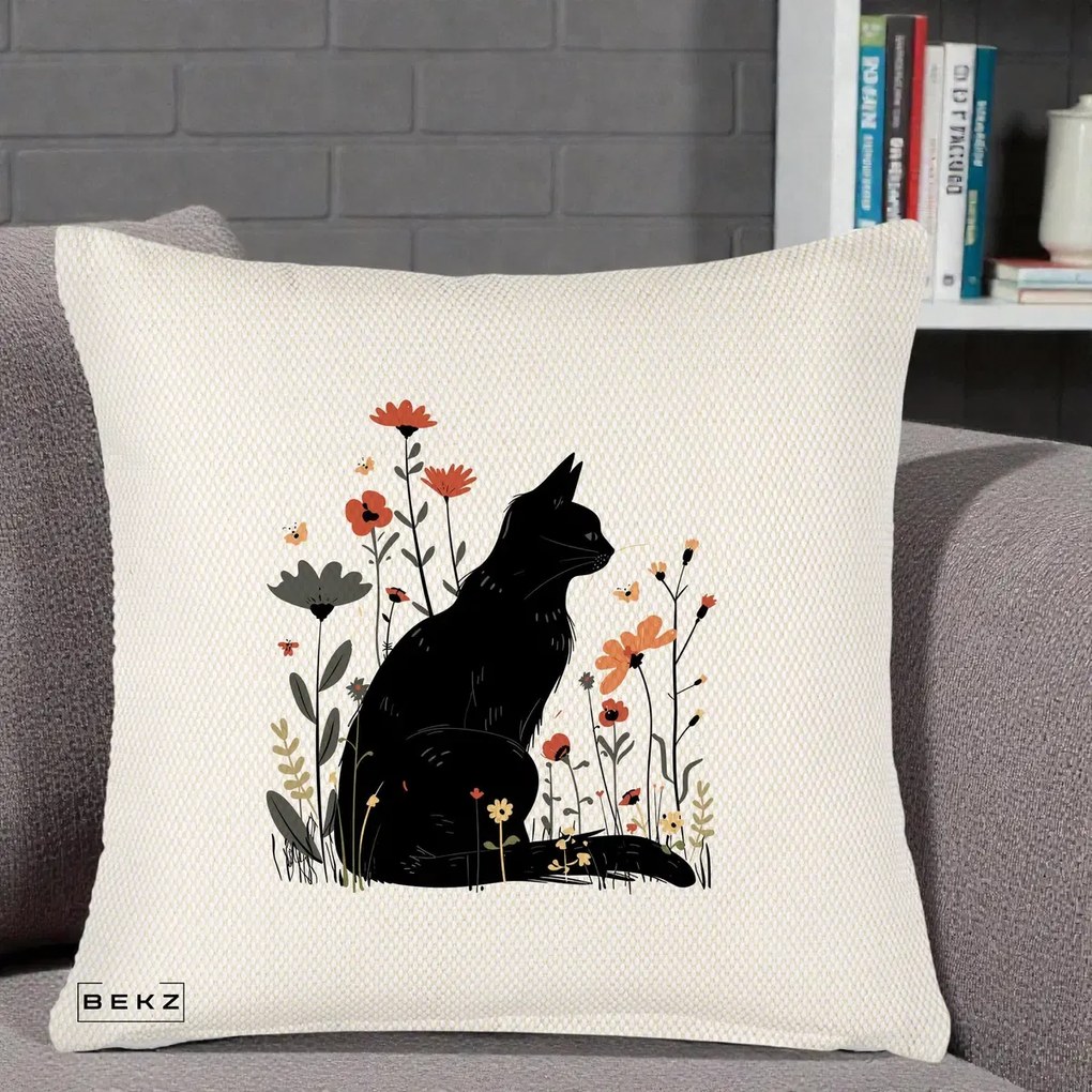 Perna Decorativa Pisica Neagra Profil Flori Portocalii, 40x40 cm, Crem Reliefat, Husa Detasabila, Perna Inclusa, BEKZ®
