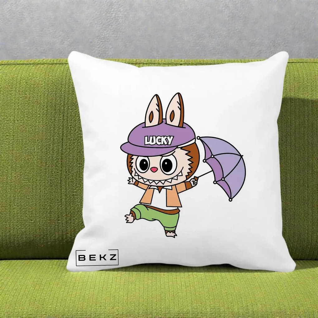 Perna Personalizata Labubu Lucky cu Umbrela, 40x40 cm, Alba Mata, Husa Detasabila, Perna Inclusa, BEKZ®