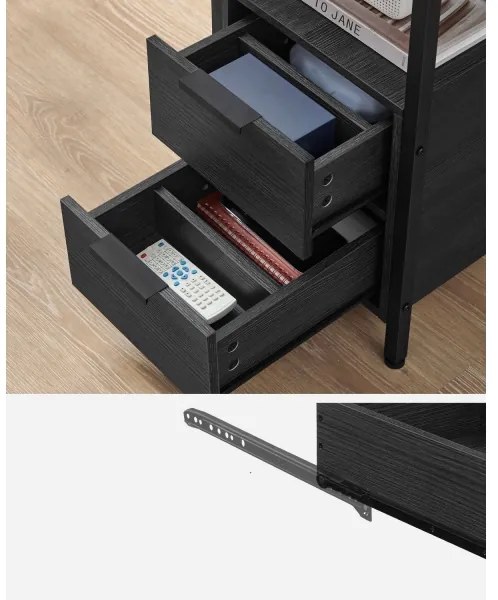 Masă laterală ROD, neagră, cu prize și porturi USB încorporate