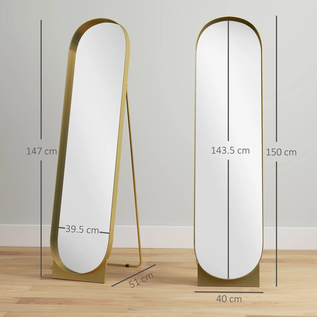 HOMCOM Oglindă de Podea Autoportantă din Metal 40x150 cm Auriu | Aosom Romania