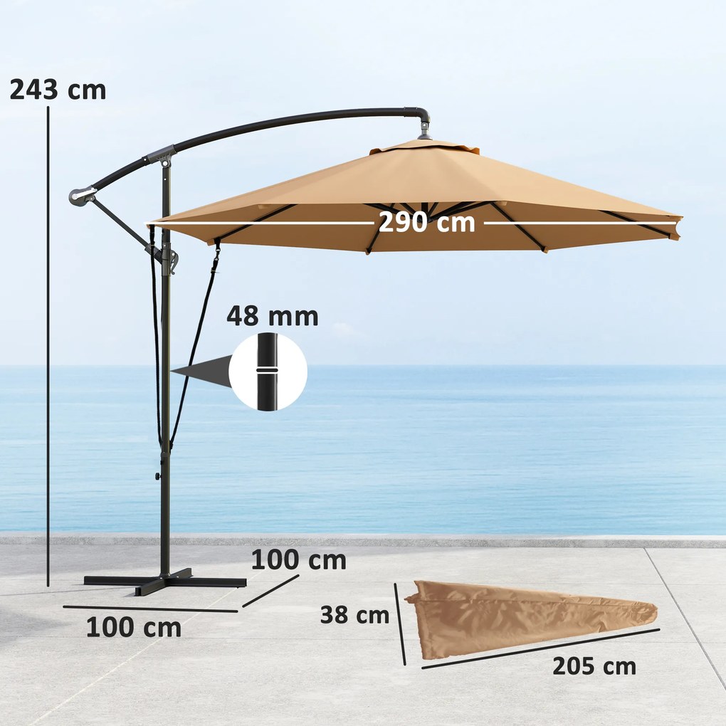 Outsunny Umbrelă de Soare cu Corzi Anti-Vânt, Orificii de Aerisire, Bază în Cruce și Manivelă, Φ290x243 cm, Gri | Aosom Romania