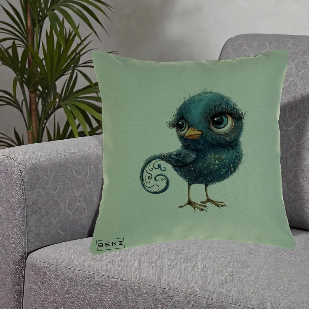 Perna Decorativa Pasare Teal cu Motive Aurii si Coada Spiralata, 40x40 cm, Verde, Husa Detasabila, Perna Inclusa, BEKZ®