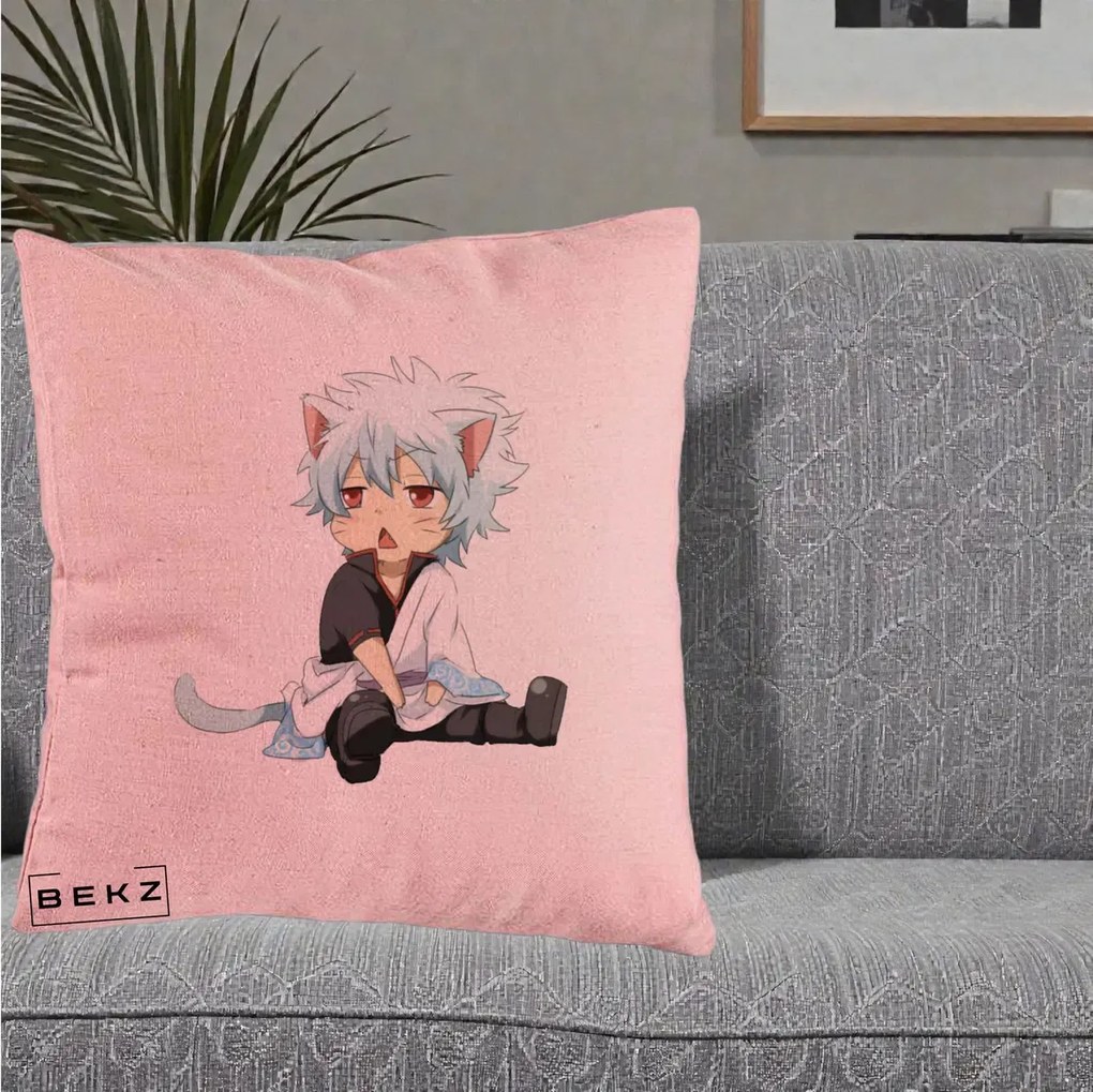 Perna Personalizata Gintama Gintoki Chibi Pisica, 40x40 cm, Roz, Husa Detasabila, Perna Inclusa, BEKZ®