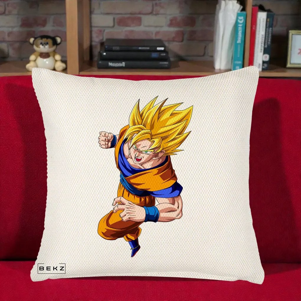 Perna Personalizata Dragon Ball Goku Super Saiyan 2 Lupta, 40x40 cm, Crem Reliefat, Husa Detasabila, Perna Inclusa, BEKZ®