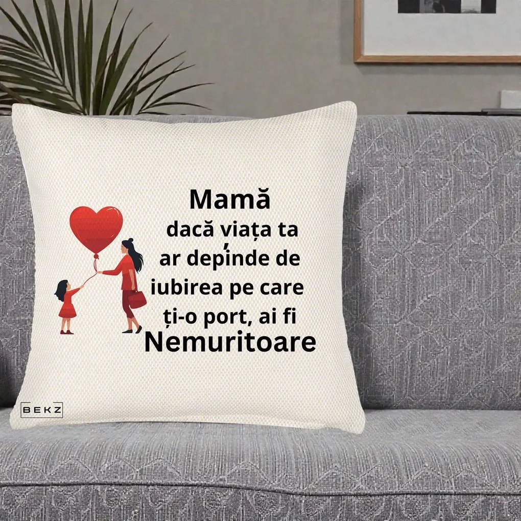Cadou pentru Mama - Perna Personalizata Mama Nemuritoare cu Bebelus Kawaii, 40x40 cm, Crem Reliefat, Husa Detasabila, Perna Inclusa, BEKZ®