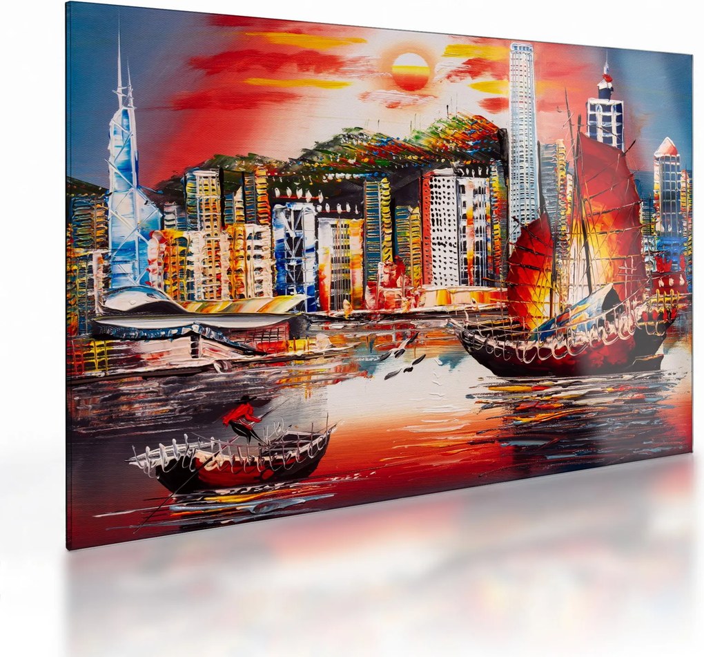 Tablou pe sticlă - Victoria Harbour, Hong Kong, pictură în ulei (70x50 cm)