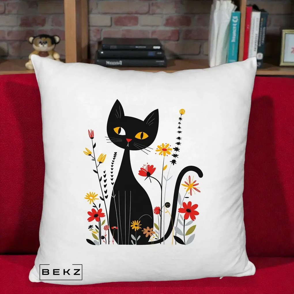 Perna Decorativa Pisica Neagra Ochi Galbeni Flori, 40x40 cm, Alb Pufos, Husa Detasabila, Perna Inclusa, BEKZ®