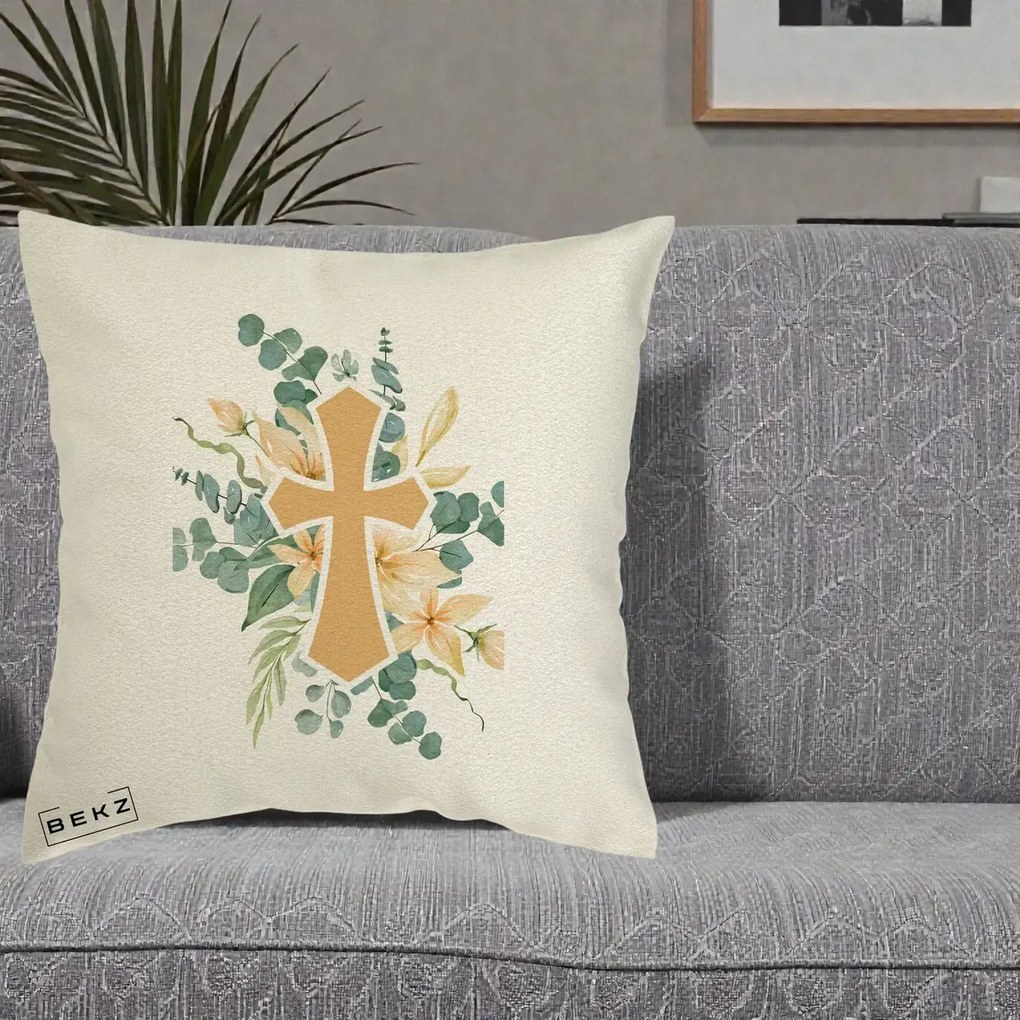 Perna Personalizata Cruce Florala Botez, 40x40 cm, Ecru, Husa Detasabila, Perna Inclusa, BEKZ®
