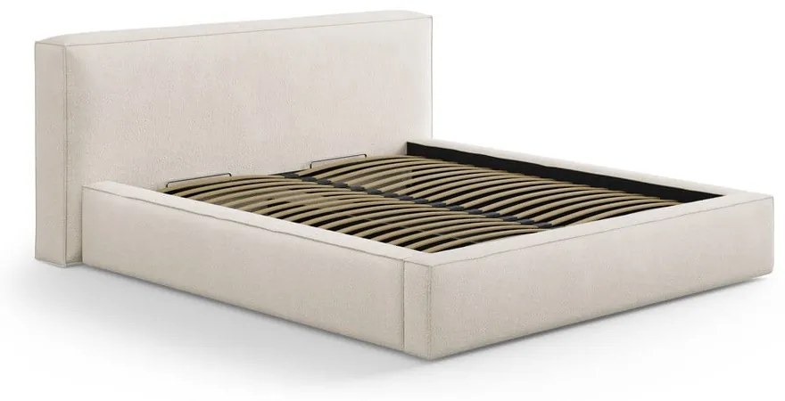 Pat matrimonial crem tapițat cu spațiu de depozitare cu somieră 180x200 cm Simon – Micadoni