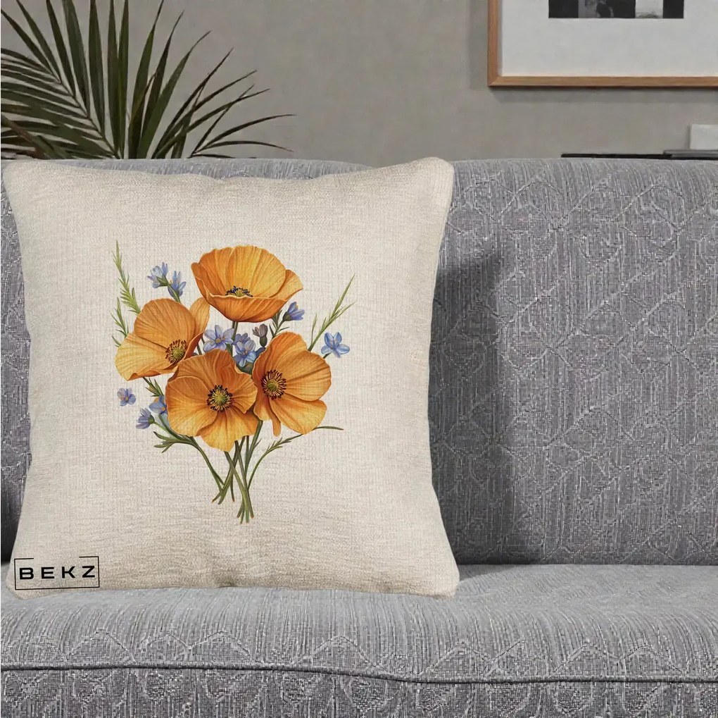 Perna Decorativa Maci Portocalii cu Floricele Albastre, 40x40 cm, Bej Canapea, Husa Detasabila, Perna Inclusa, BEKZ®