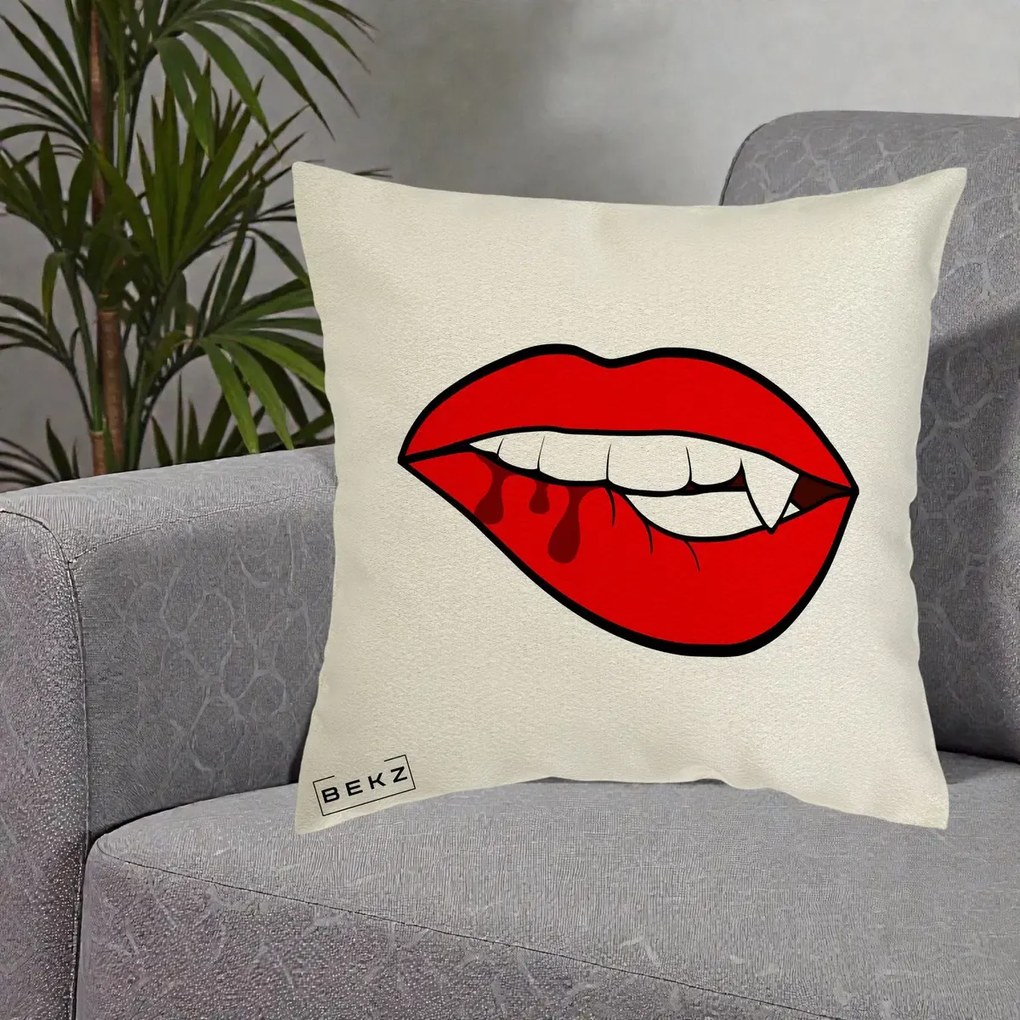 Perna Decorativa Vampire Lips Halloween, 40x40 cm, Ecru, Husa Detasabila, Perna Inclusa, BEKZ®