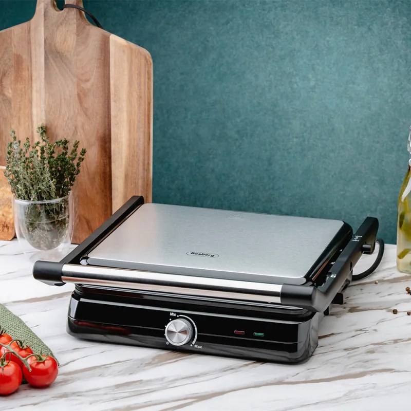 Gratar electric Rosberg R51442M, 2000W, Placi antiaderente-29x23 cm, Deschidere 180°C, Inox/Negru