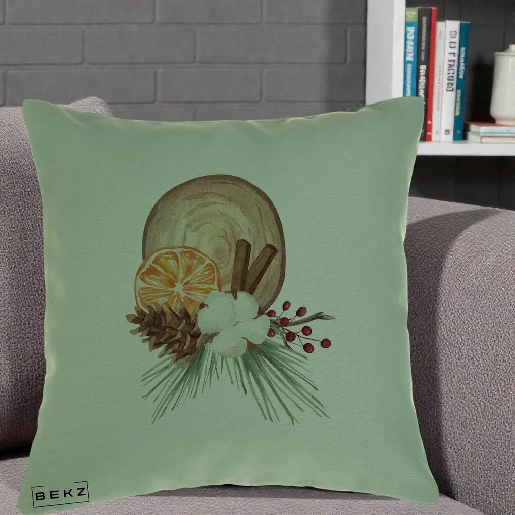 Perna Decorativa Aranjament de Craciun Nordic, 40x40 cm, Verde, Husa Detasabila, Perna Inclusa, BEKZ®
