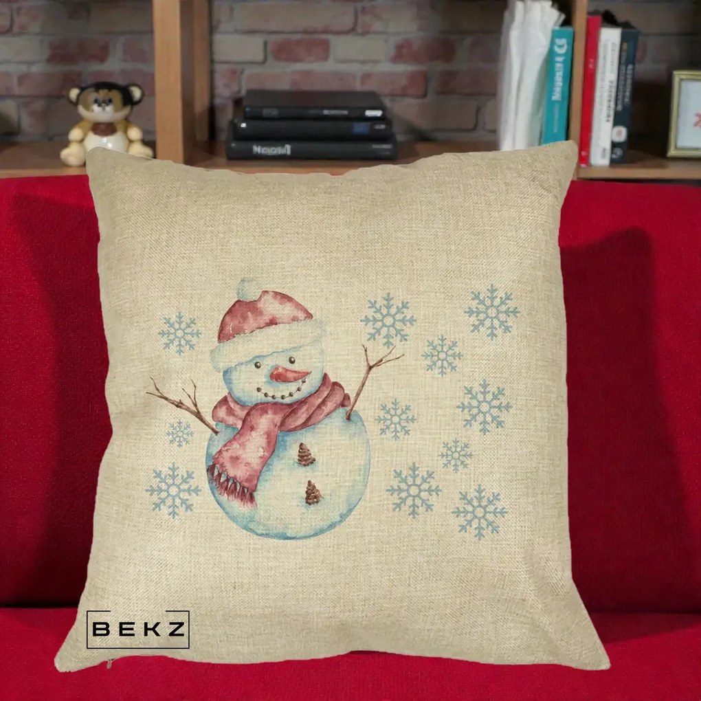 Perna Decorativa Om de Zapada Rosu cu Fulgi, 40x40 cm, Crem, Husa Detasabila, Perna Inclusa, BEKZ®