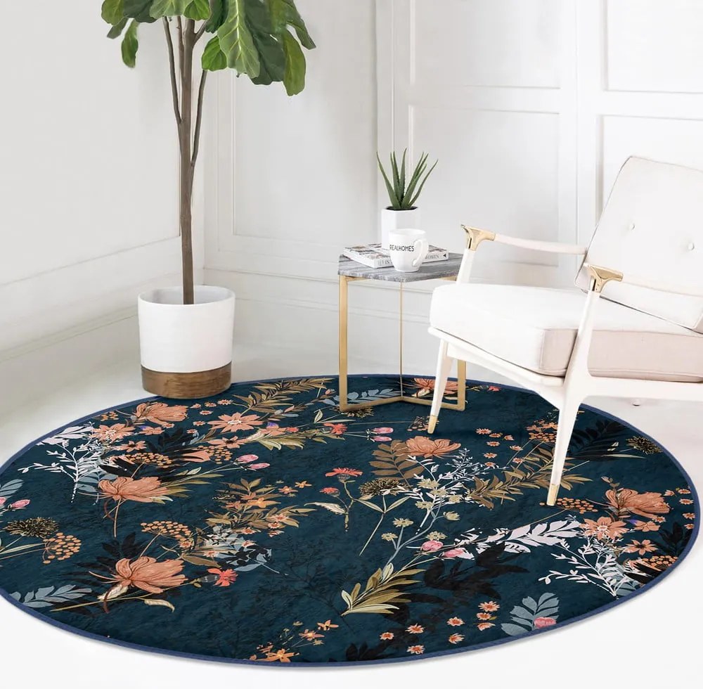 Covor rotund albastru închis lavabil adecvat și pentru aspiratoare robot ø 100 cm Comfort – Mila Home