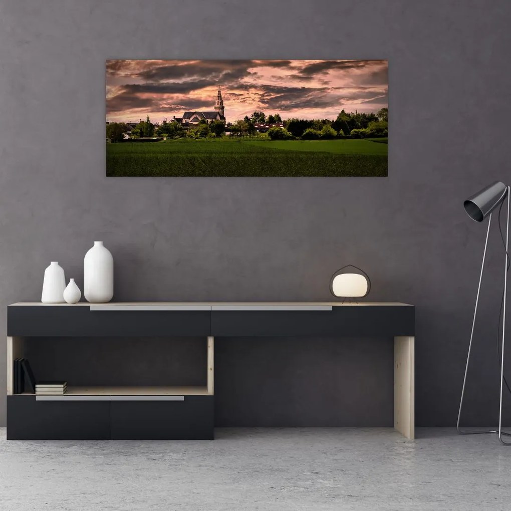 Tablou cu peisaj și biserică (120x50 cm)