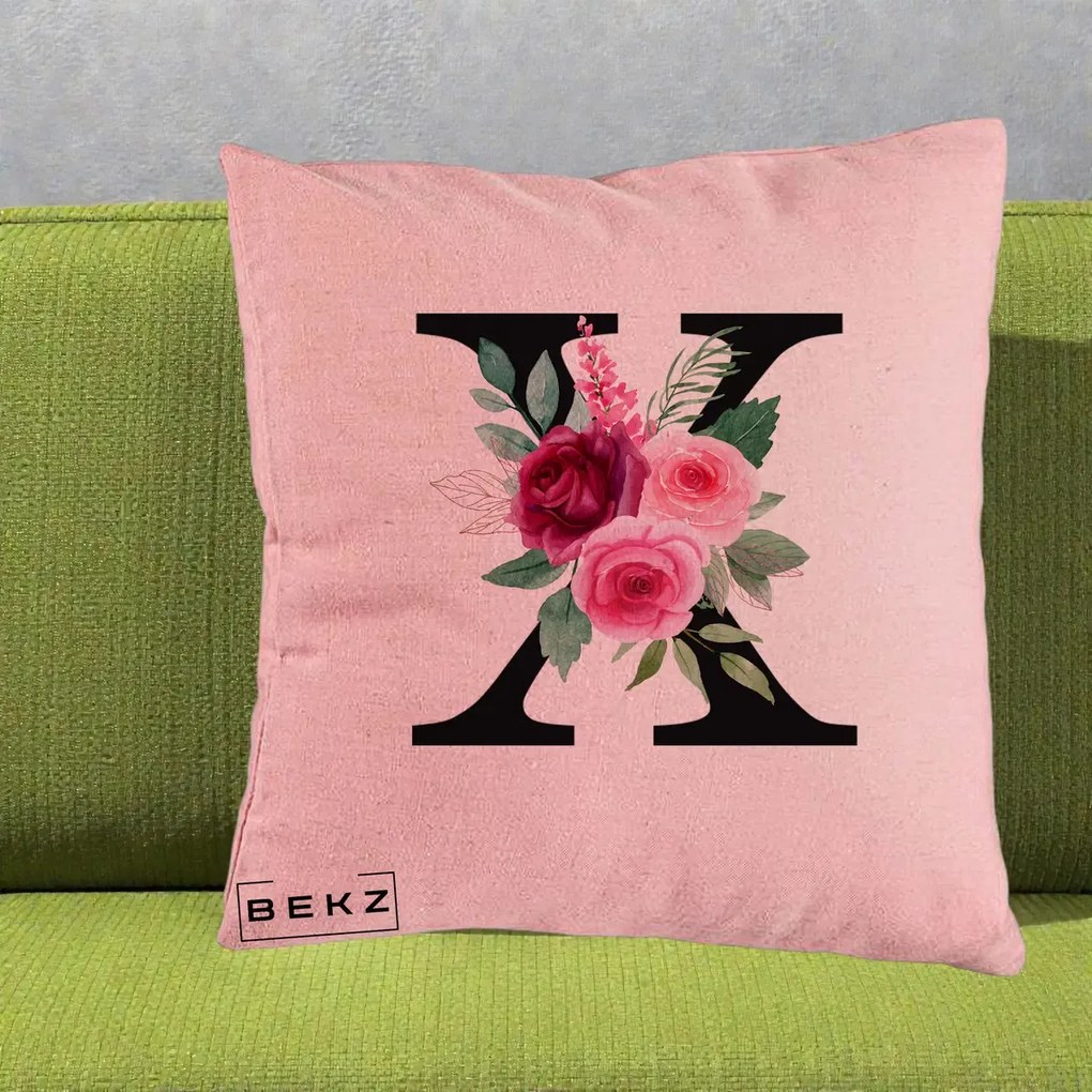 Cadou Personalizat - Perna Personalizata Monograma Florala Litera X cu Buchet, 40x40 cm, Roz, Husa Detasabila, Perna Inclusa, BEKZ®