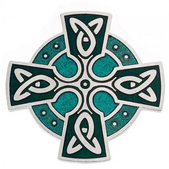 Brosa placata argint si sticla emailata Celtic Lands - Cruce Celtica cu Triquetra 35 mm