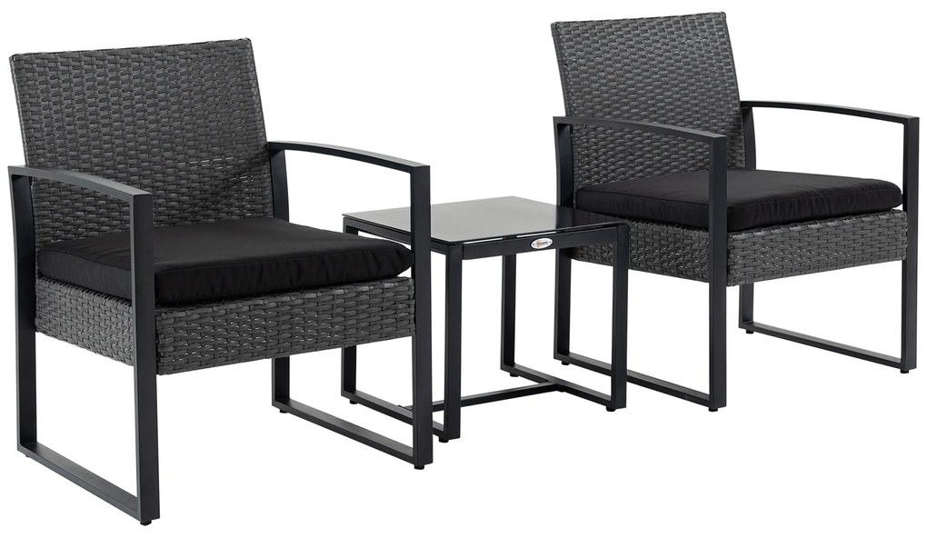 Outsunny Salon de jardin 2 locuri 3 piese 2 scaune cu perne + masă de cafea blat sticlă securizată rășină tressée 4 fire imitație de răchită gri | Aosom Romania