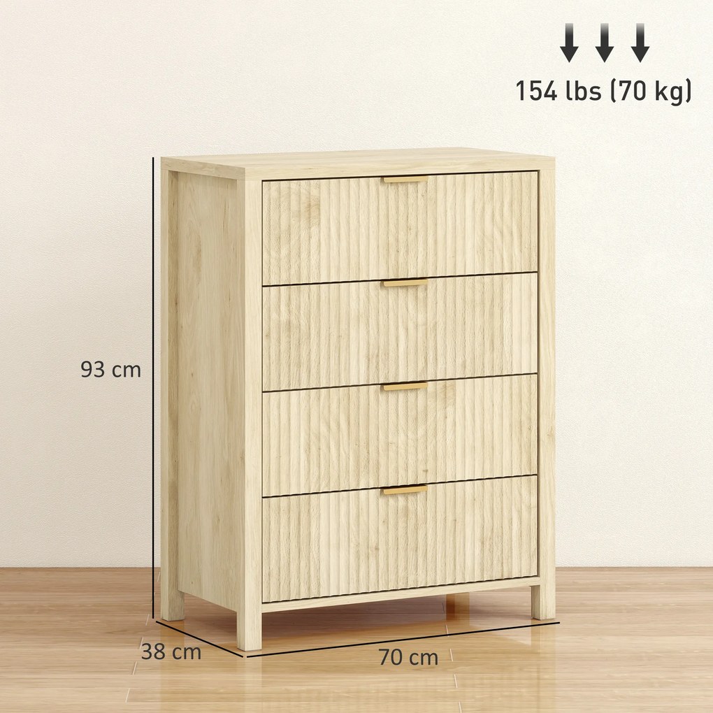 HOMCOM Comodă pentru Dormitor cu 4 Sertare Canelate, Comodă din Lemn cu Mânere Aurii, pentru Sufragerie, Sala de Mese și Hol, 70x38x93 cm, Lemn Natural | Aosom Romania