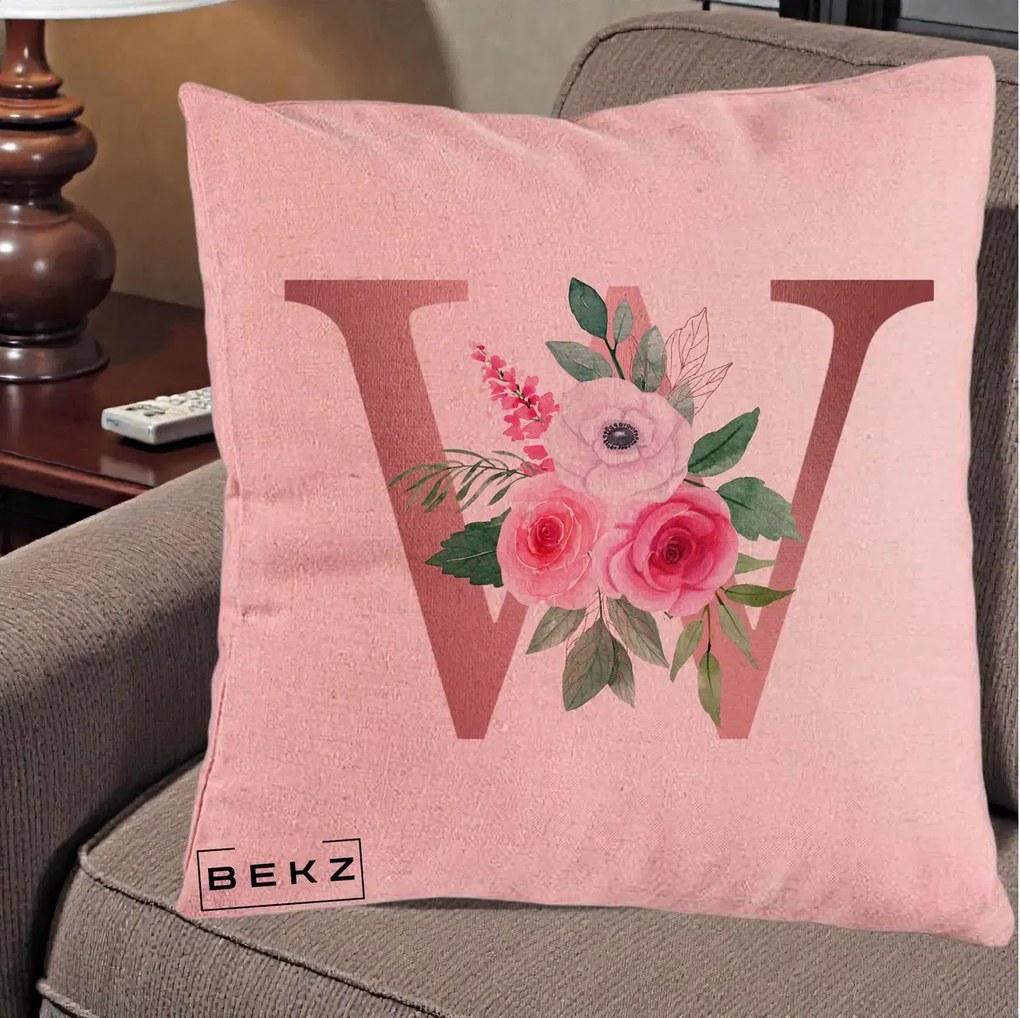 Cadou Personalizat - Perna Personalizata Monograma Rose Gold Litera W cu Trandafiri si Anemona, 40x40 cm, Roz, Husa Detasabila, Perna Inclusa, BEKZ®