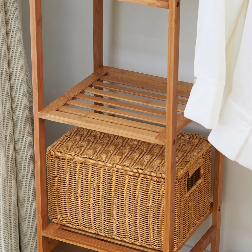 HOMCOM Suport pentru Haine din Bambus cu Rafturi pe 6 Niveluri și Bară pentru Haine, Stender pentru Dormitor și Hol, Design Modern, 90x30x145 cm, Lemn Natural | Aosom Romania