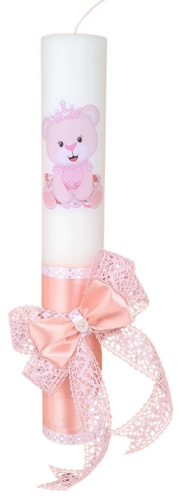 Lumanare botez decorata Ursulet roz 4,5 cm, 30 cm