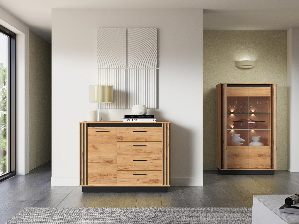 Comoda cu 4 sertare si 1 usa , stejar artisan  insertie negru, 115x90x40 cm, modern ,model riflaj pe margini, picioare negre , pentru living ,