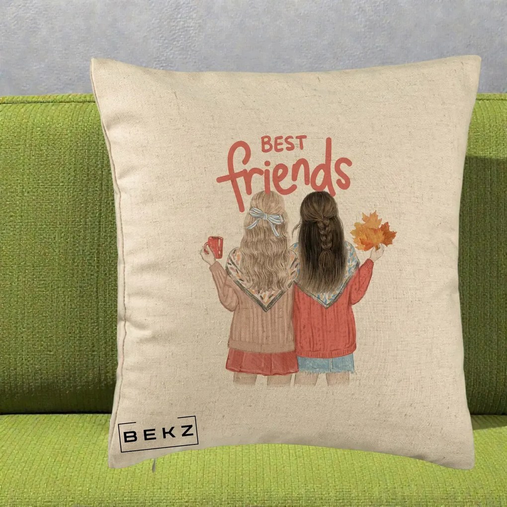 Cadou pentru Prieteni - Perna Personalizata Best Friends Toamna, 40x40 cm, Bej, Husa Detasabila, Perna Inclusa, BEKZ®