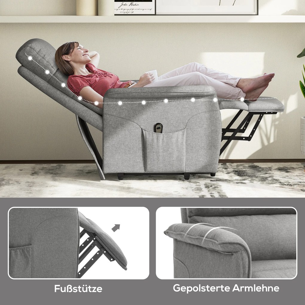 HOMCOM Scaun de relaxare cu funcție de ridicare, spătar/picioare reglabile, până la 120 kg, 66 x 90 x 96 cm, Gri | Aosom Romania