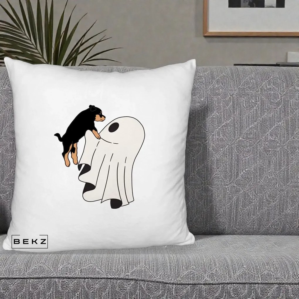 Perna Decorativa Caine Rottweiler Fantoma Halloween, 40x40 cm, Alb Pufos, Husa Detasabila, Perna Inclusa, BEKZ®