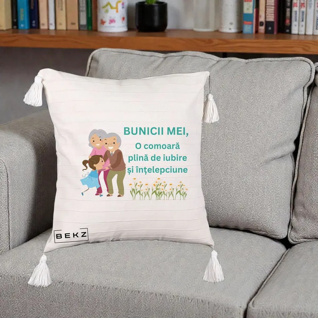 Cadou pentru Bunici - Perna Personalizata Bunicii Mei Comoara Iubire Intelepciune Nepoata, 40x40 cm, Bej cu Franjuri, Husa Detasabila, Perna Inclusa, BEKZ®