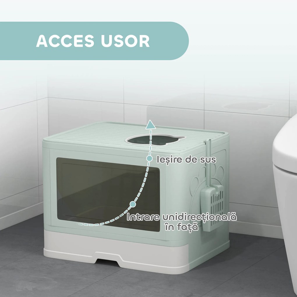 PawHut Litieră de nisip pentru pisici cu Capac, Intrare Dublă, Sertar, Lopățică, Verde | Aosom Romania