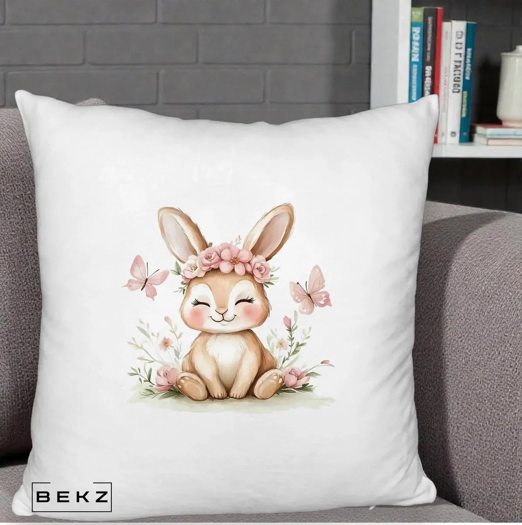 Perna Decorativa Iepuras cu Coronita Florala Roz, 40x40 cm, Alb Pufos, Husa Detasabila, Perna Inclusa, BEKZ®