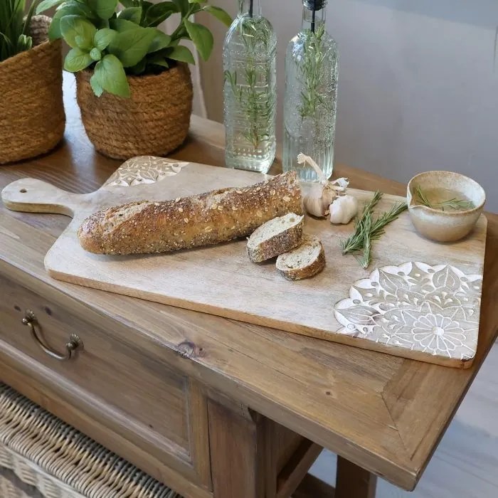 Platou de servire din lemn masiv de mango natur, cu gravuri artizanale, 2x58x25 cm, „Tours"