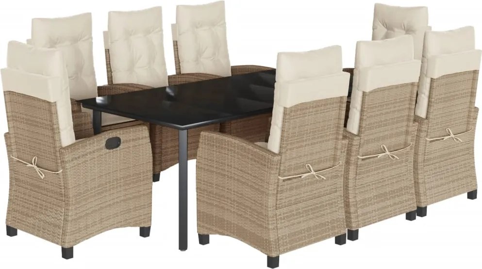 vidaXL Set de masă pentru grădină, 9 piese, cu perne, bej, poliratan