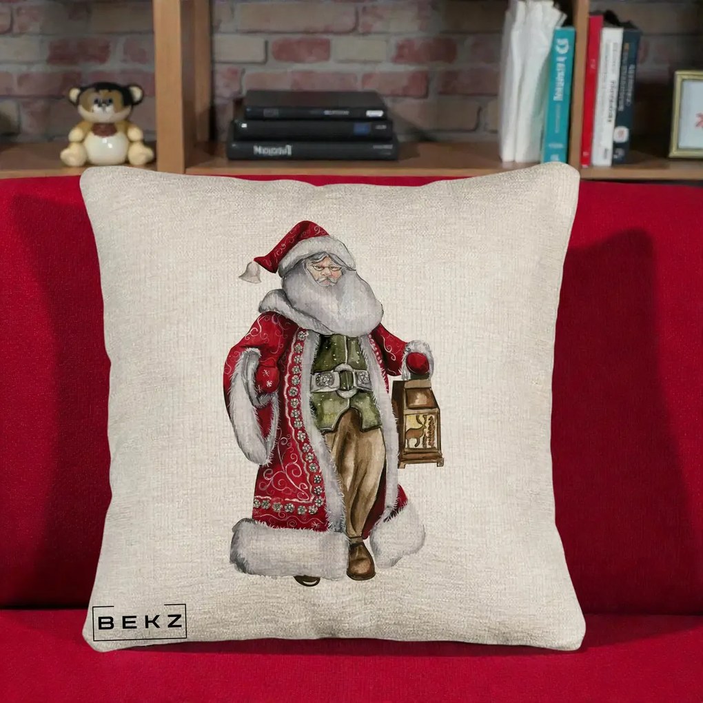 Perna Decorativa Mos Craciun Vintage cu Felinar, 40x40 cm, Bej Canapea, Husa Detasabila, Perna Inclusa, BEKZ®