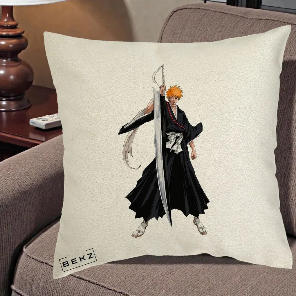 Perna Personalizata Bleach Ichigo Kurosaki Zangetsu, 40x40 cm, Ecru, Husa Detasabila, Perna Inclusa, BEKZ®