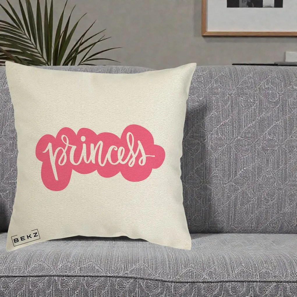 Perna Decorativa Princess Text Roz, 40x40 cm, Ecru, Husa Detasabila, Perna Inclusa, BEKZ®