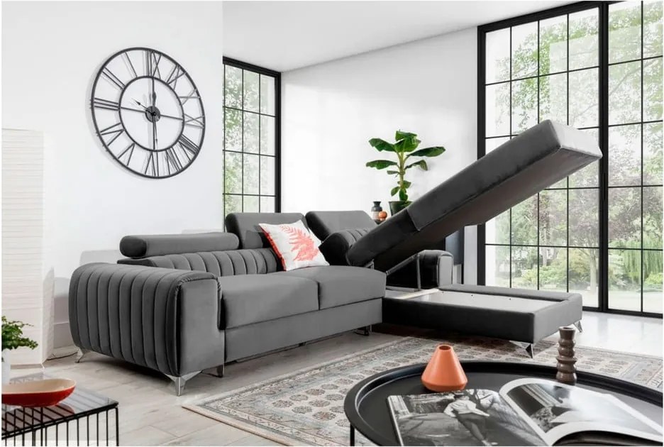 Colțar gri extensibil/cu spațiu de depozitare cu tapițerie din catifea (cu colț pe partea dreaptă/cu șezlong) Grayson – ELTAP