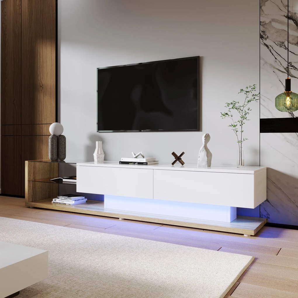 Mobilier TV modern stil rustic cu finisaj alb lucios și lemn, Alb | Aosom Romania