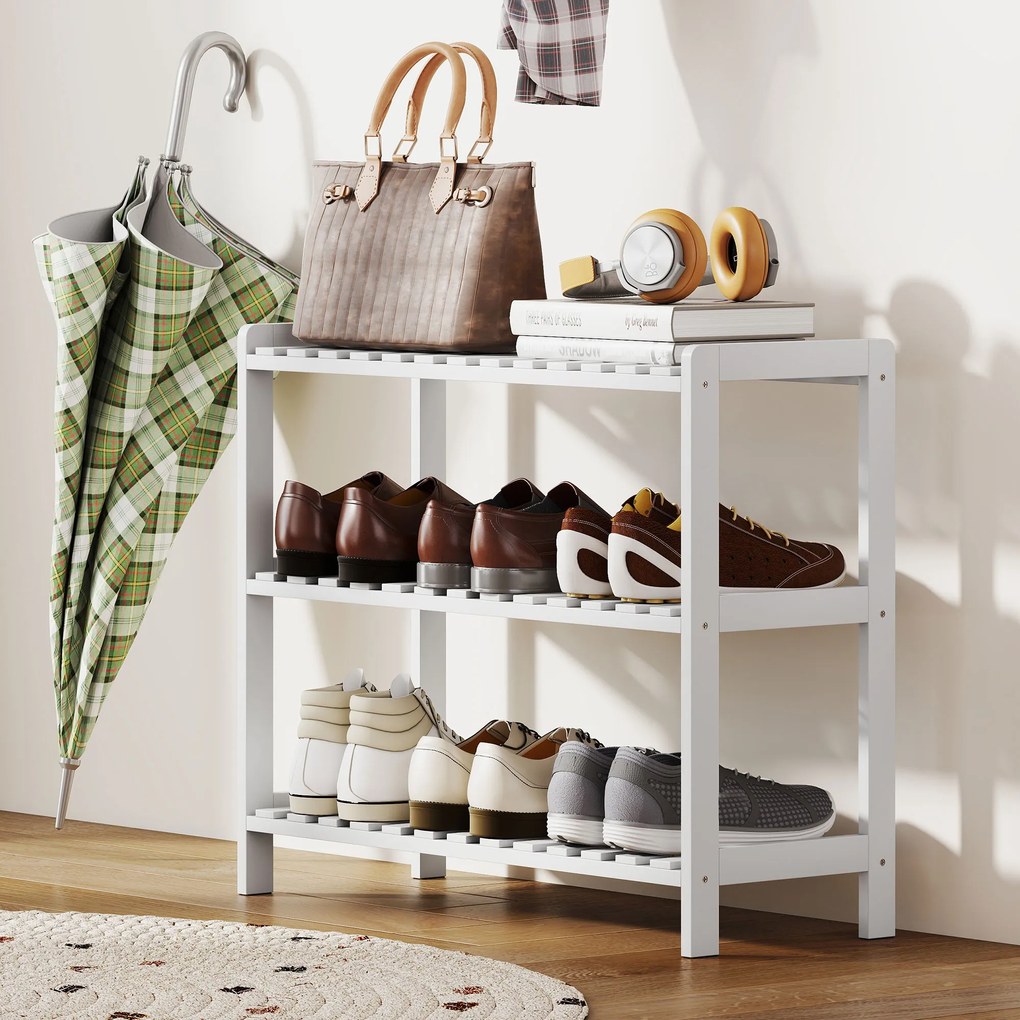 HOMCOM Etajeră pentru încălțăminte, suport pentru pantofi 3 niveluri, rafturi cu lamele, din lemn de pin, 70 x 26 x 57,5 cm, alb | Aosom Romania