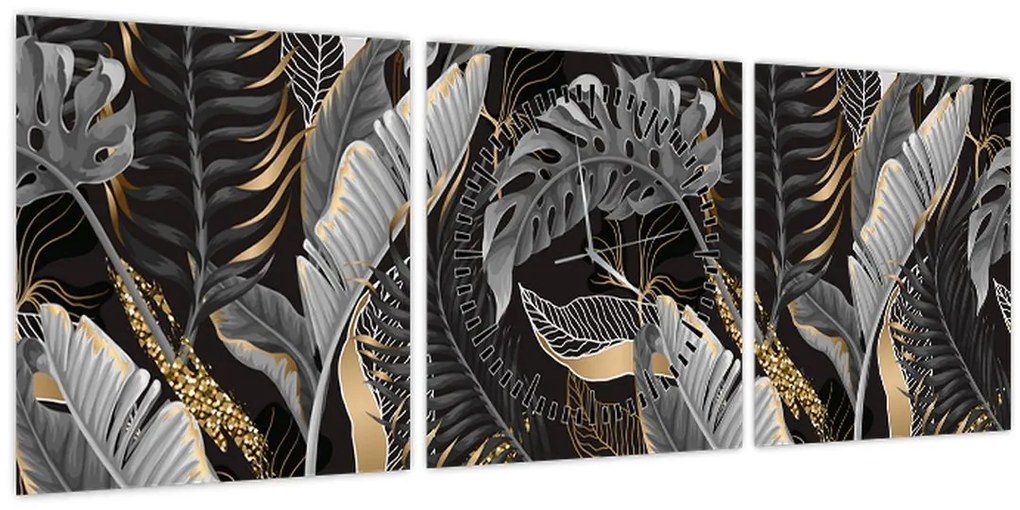 Tablou - Frunze tropicale, Galben - auriu (cu ceas) (90x30 cm)
