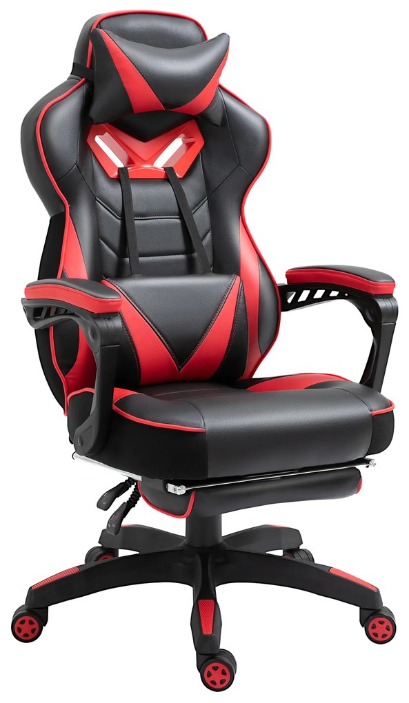 Vinsetto Fotoliu gaming Ergonomic, Fotoliu de birou confortabil cu Suport pentru picioare, Suport pentru cap și pernă lombară, Înălțime reglabilă, negru și roșu | Aosom Romania
