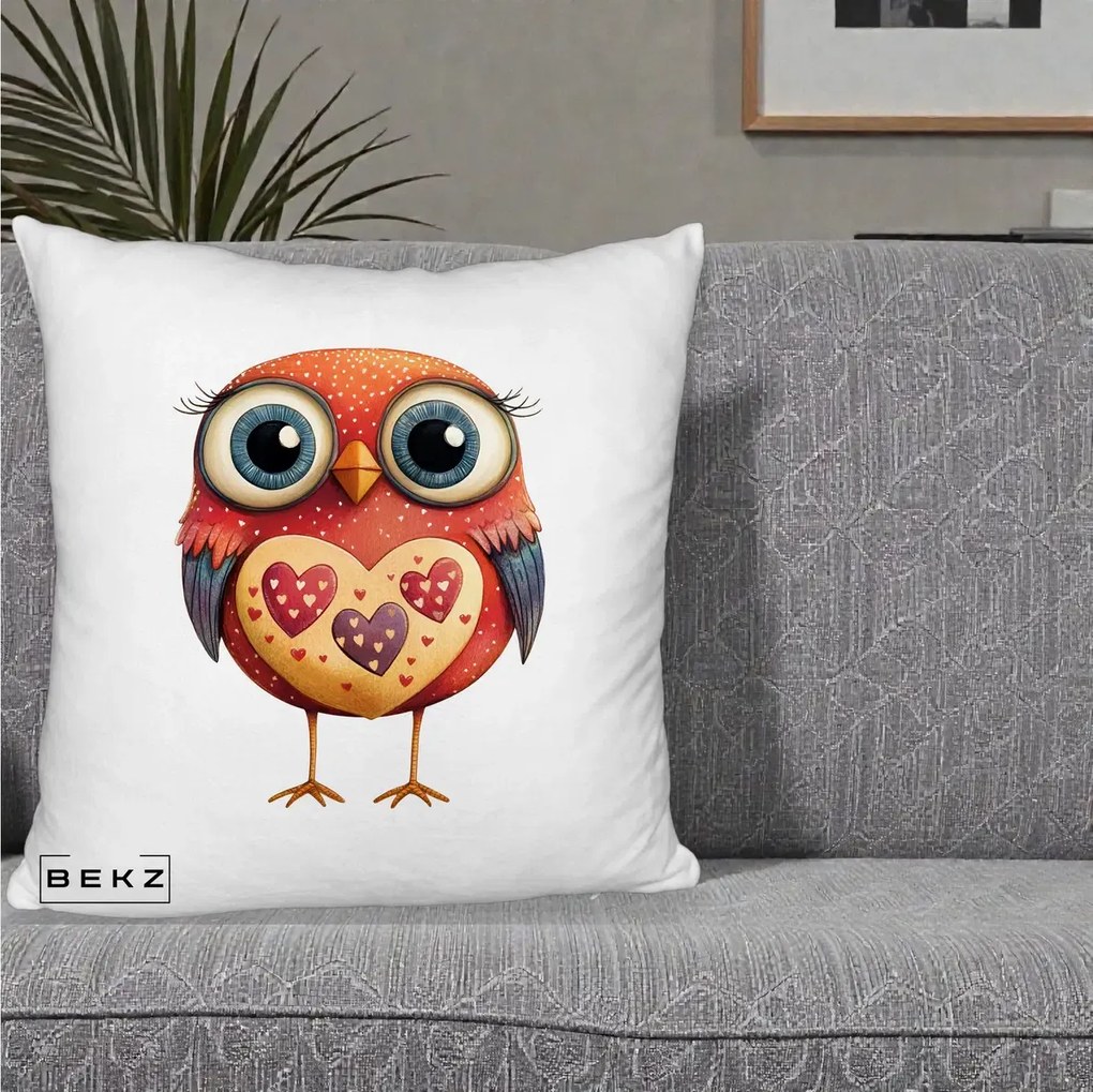 Perna Decorativa Bufnita Rosie cu Inimi Aurii, 40x40 cm, Alb Pufos, Husa Detasabila, Perna Inclusa, BEKZ®