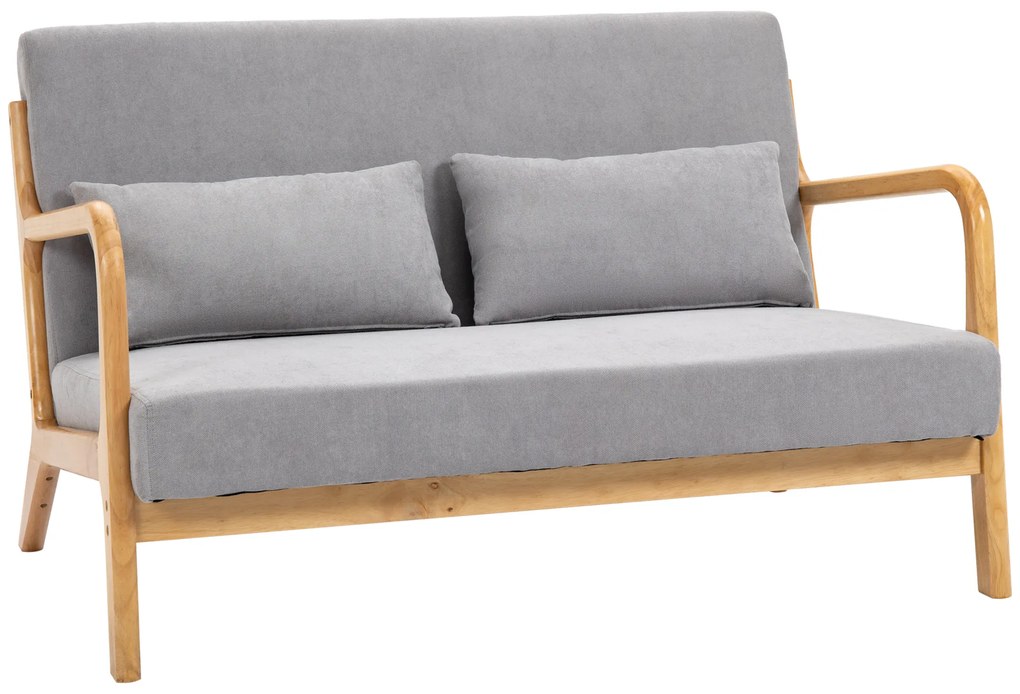 Canapea cu 2 locuri moderna din Lemn cu perne, tasatura cu efect de catifea, 122x71x76 cm, Gri HOMCOM | Aosom Romania